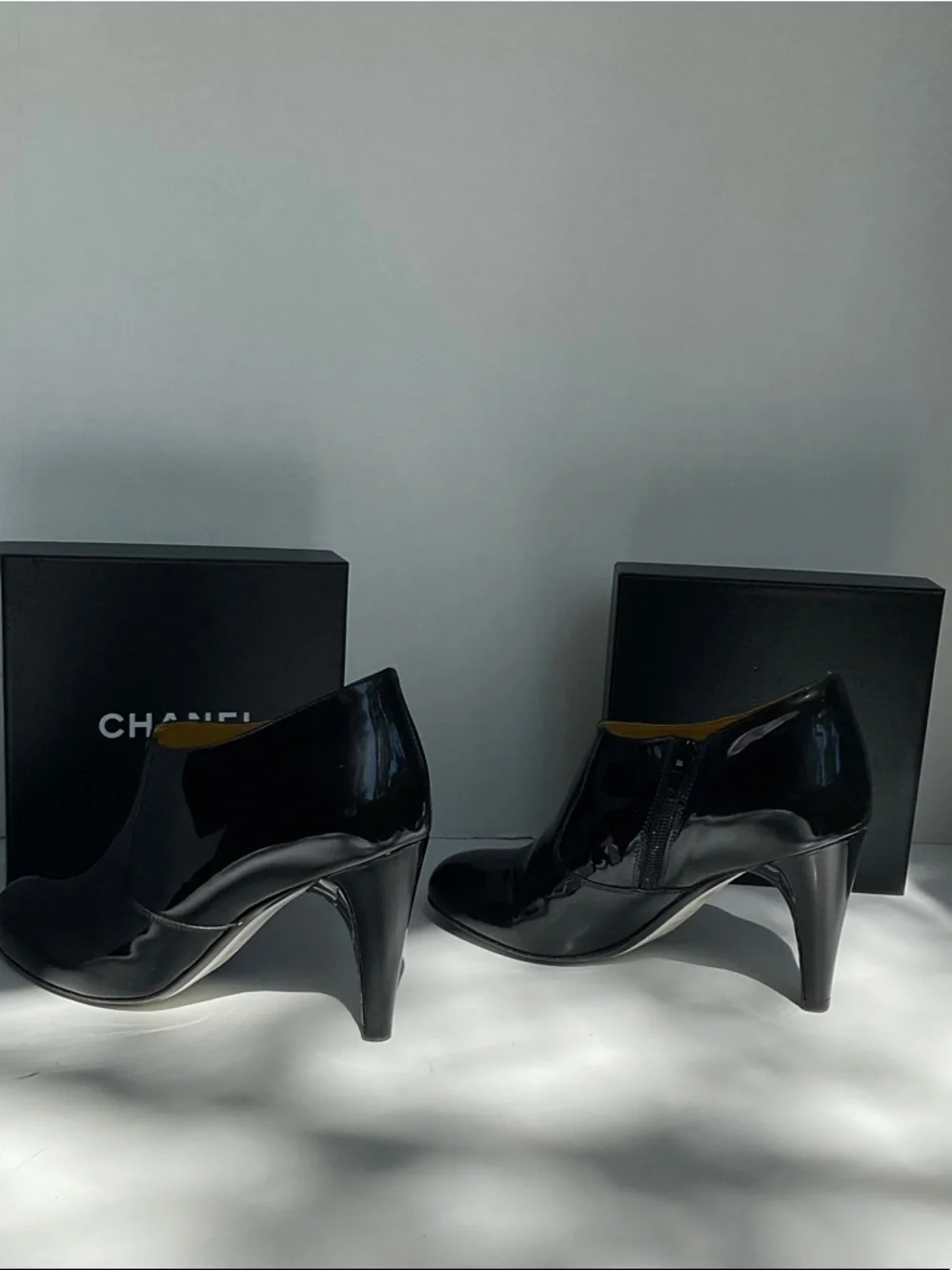 CHANEL Black Patent Leather Ankle Boots with Multicolor Tweed Shaft